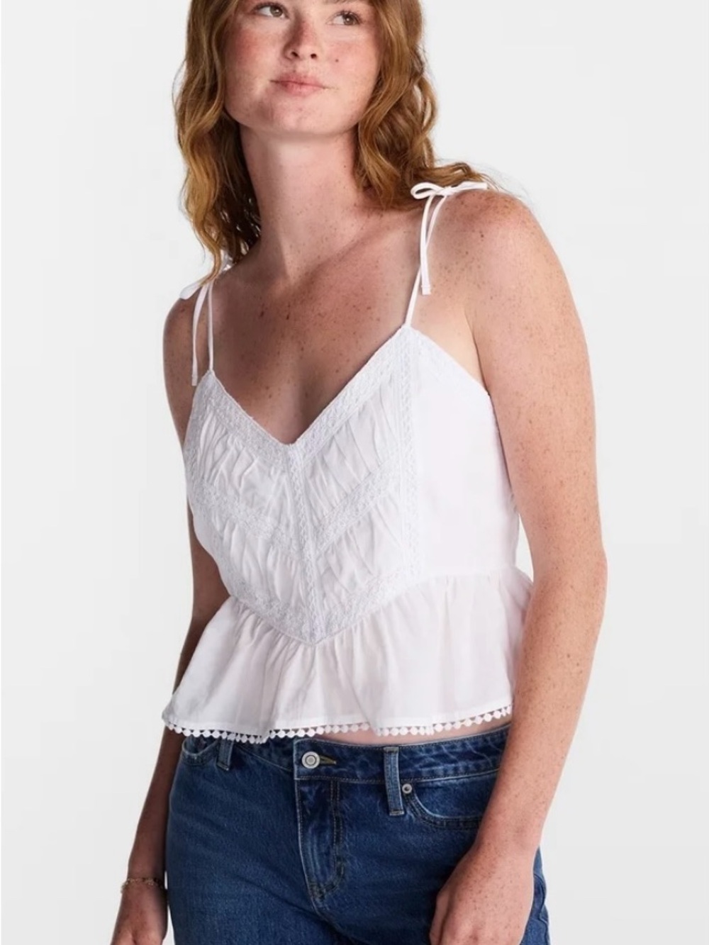 NWT No Boundaries White Lace-Detail Peplum Tie-Strap Cami